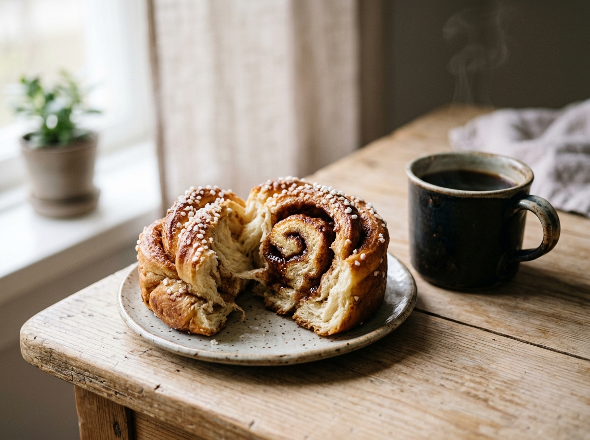 En kanelbolle revet i to ved siden av en kopp svart kaffe