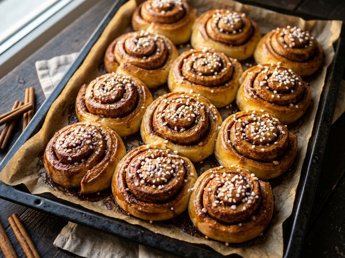 Nybakte kanelboller med perlesukker på et bakebrett