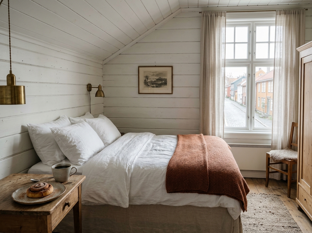 Lyst hotellrom med hvitt sengetøy, og kaffe og kanelbolle på nattbordet