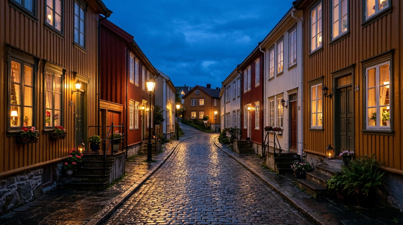 Gamle trehus i Trondheim en stille kveld
